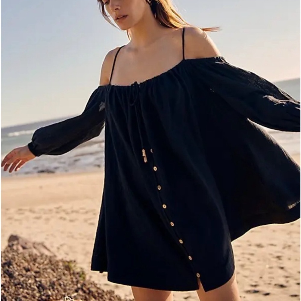 Free People Black Mini Dress XS Off Shoulder Boho Beach NWOT